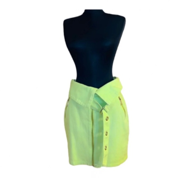 NEW Know One Cares Neon Belted Paper Bag High Waist Fold Over Neon Lime Skirt - Picture 1 of 5